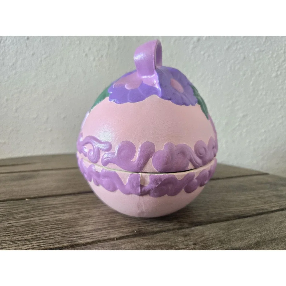 Vintage Ceramic Easter Egg Covered Candy Dish Flowers Purple Bow Scroll Ornate